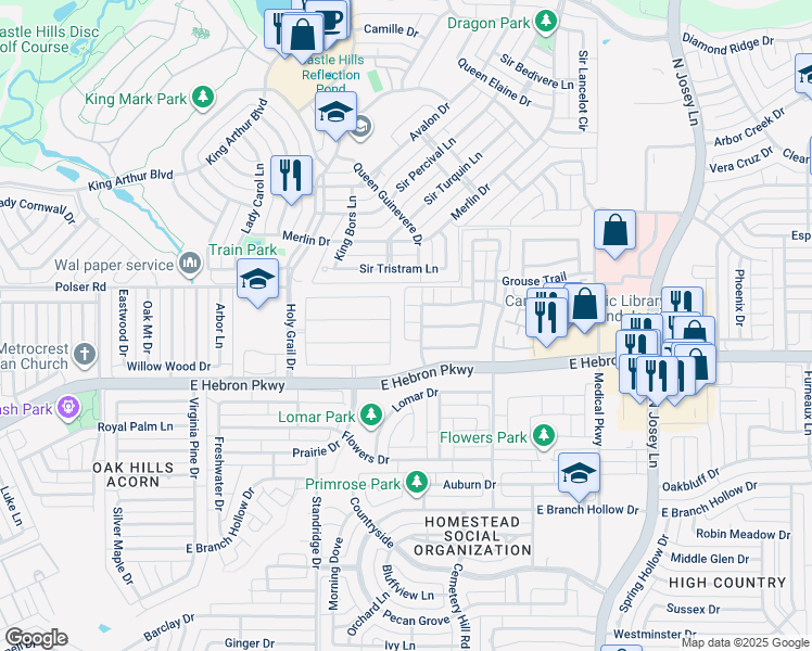 map of restaurants, bars, coffee shops, grocery stores, and more near 1600 Falconet Court in Carrollton