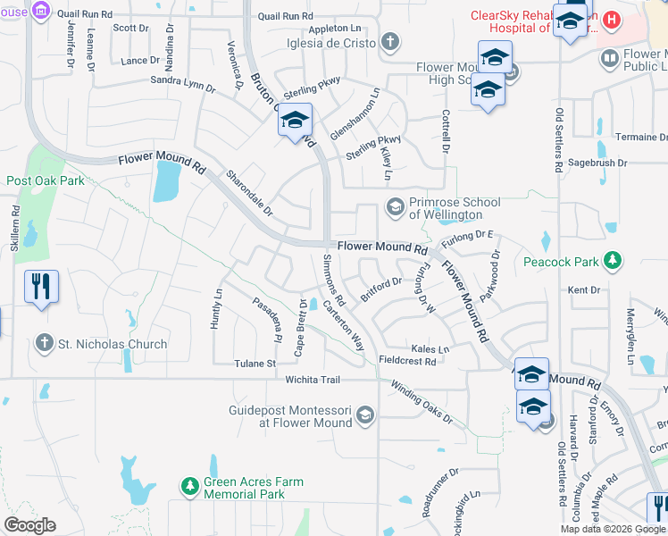 map of restaurants, bars, coffee shops, grocery stores, and more near 3225 Mission Ridge Drive in Flower Mound