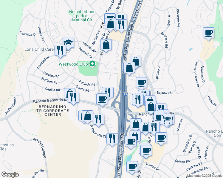 map of restaurants, bars, coffee shops, grocery stores, and more near 17093 West Bernardo Drive in San Diego