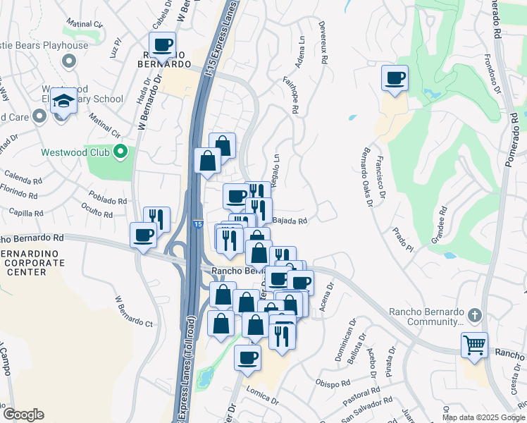 map of restaurants, bars, coffee shops, grocery stores, and more near Bernardo Center Drive & Adorno Place in San Diego