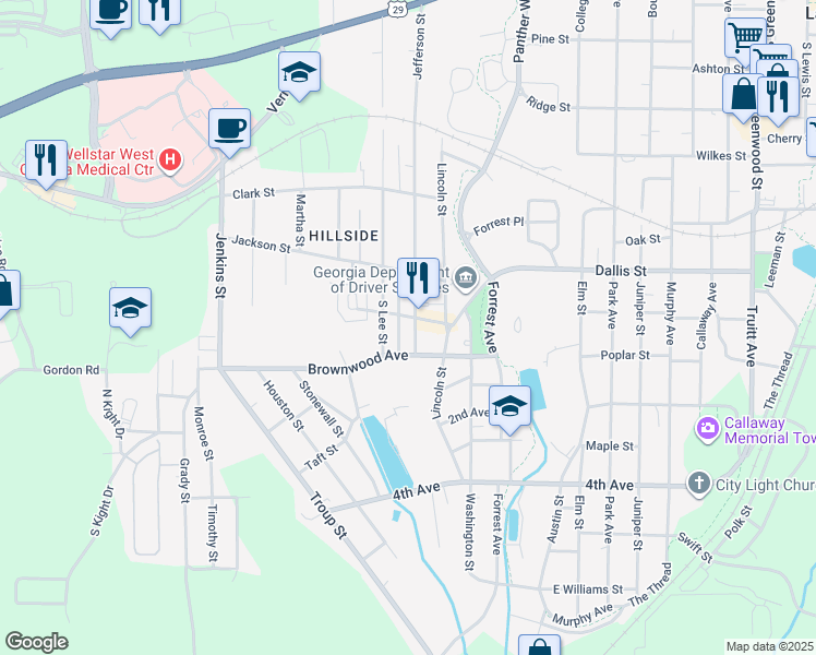 map of restaurants, bars, coffee shops, grocery stores, and more near 707 South Lee Street in LaGrange