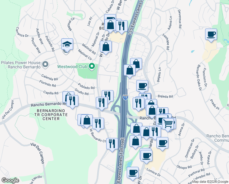 map of restaurants, bars, coffee shops, grocery stores, and more near 17129 West Bernardo Drive in San Diego