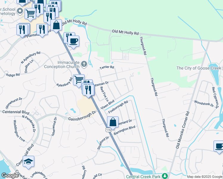 map of restaurants, bars, coffee shops, grocery stores, and more near 310 Gray Fox Lane in Goose Creek