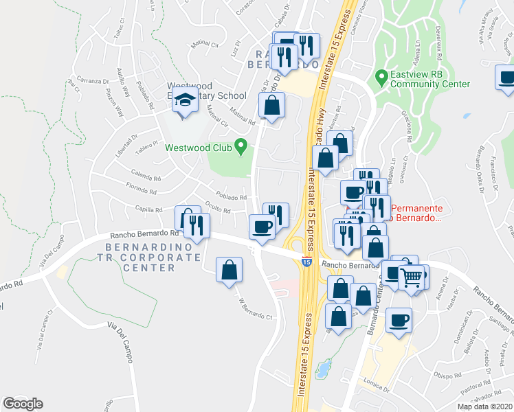 map of restaurants, bars, coffee shops, grocery stores, and more near 17087 Botero Drive in San Diego