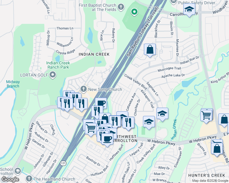 map of restaurants, bars, coffee shops, grocery stores, and more near 4249 Comanche Drive in Carrollton