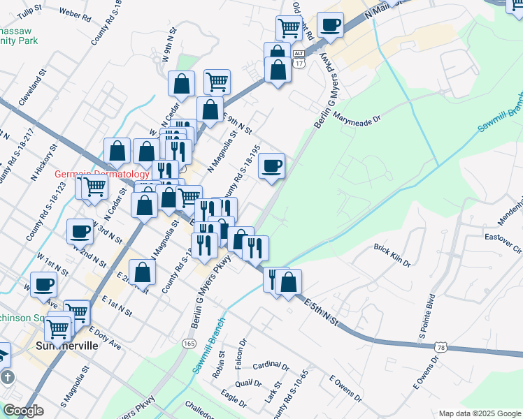 map of restaurants, bars, coffee shops, grocery stores, and more near 200 Grandview Drive in Summerville