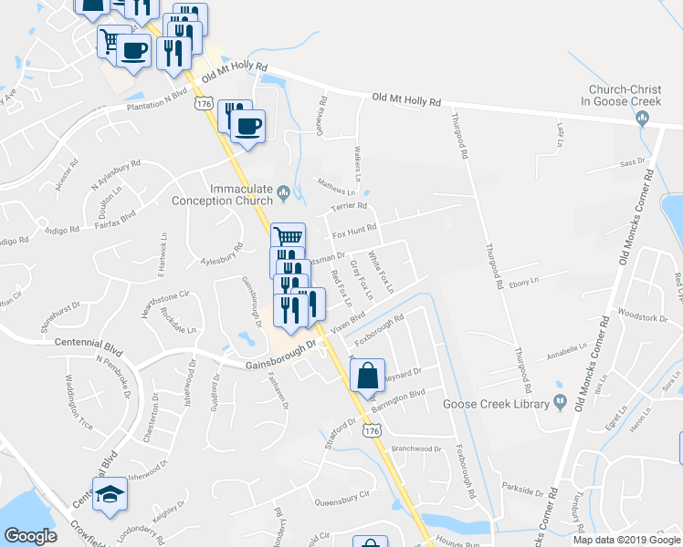 map of restaurants, bars, coffee shops, grocery stores, and more near 316 Red Fox Lane in Goose Creek