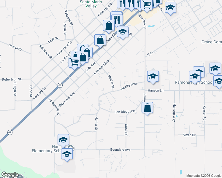 map of restaurants, bars, coffee shops, grocery stores, and more near 713 Hunter Street in Ramona
