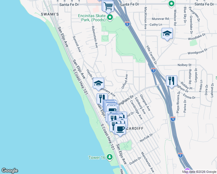 map of restaurants, bars, coffee shops, grocery stores, and more near 1855 Rubenstein Drive in Encinitas