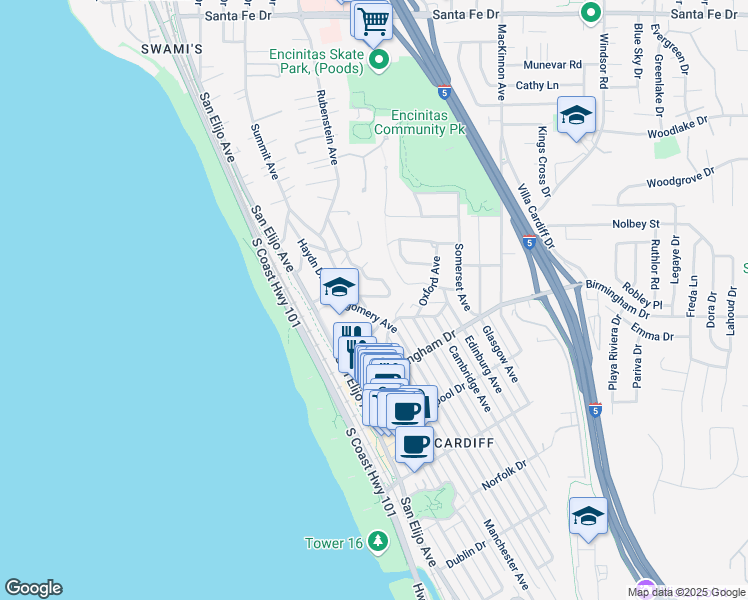 map of restaurants, bars, coffee shops, grocery stores, and more near 1855 Rubenstein Drive in Encinitas