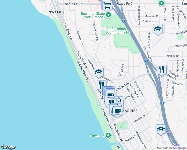 map of restaurants, bars, coffee shops, grocery stores, and more near Montgomery Avenue & Haydn Drive in Encinitas