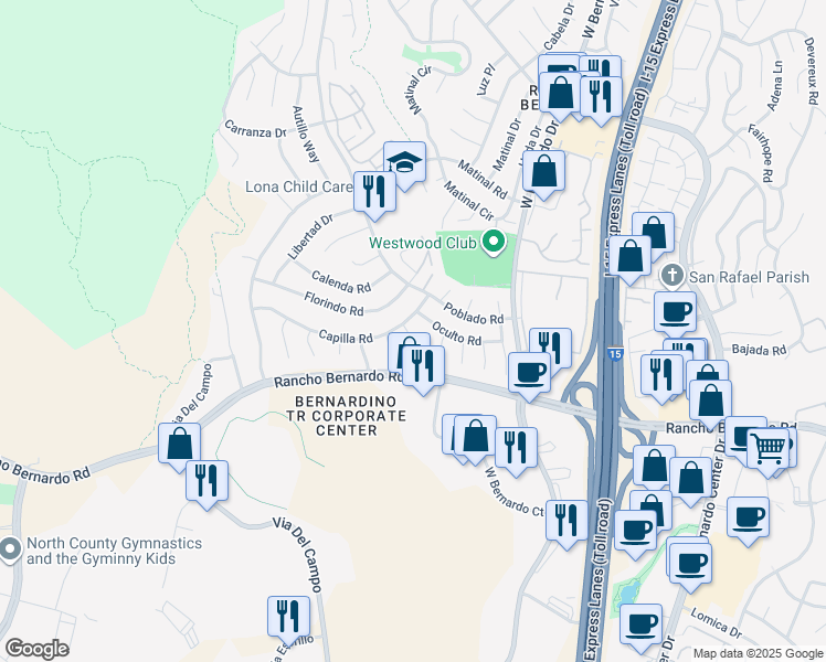 map of restaurants, bars, coffee shops, grocery stores, and more near 11412 Lucera Place in San Diego