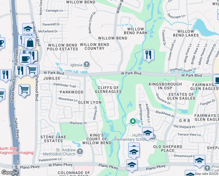 map of restaurants, bars, coffee shops, grocery stores, and more near 1804 Kings Isle Drive in Plano