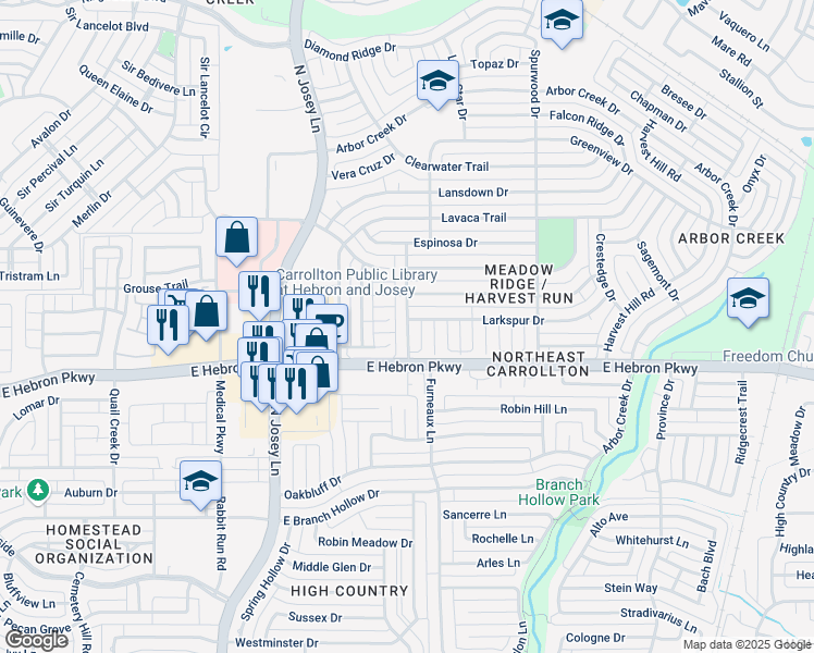map of restaurants, bars, coffee shops, grocery stores, and more near 4207 Meadow Ridge Drive in Carrollton