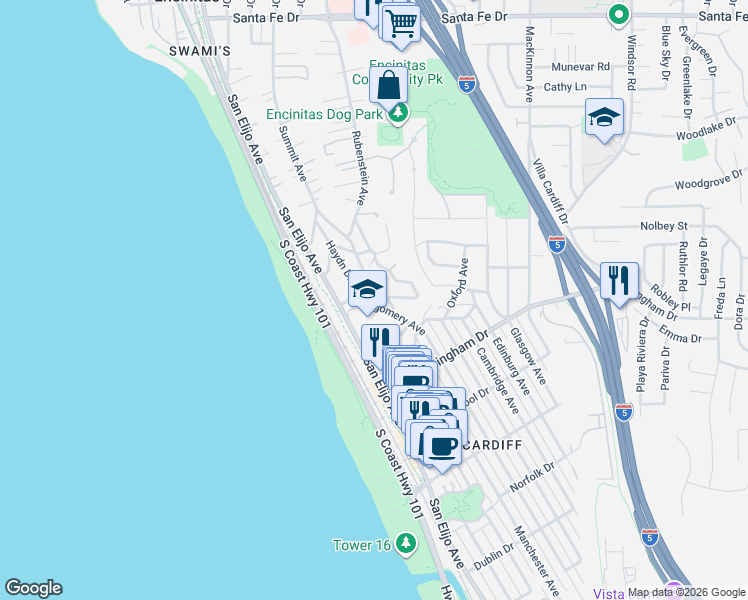 map of restaurants, bars, coffee shops, grocery stores, and more near 1888 Montgomery Avenue in Encinitas