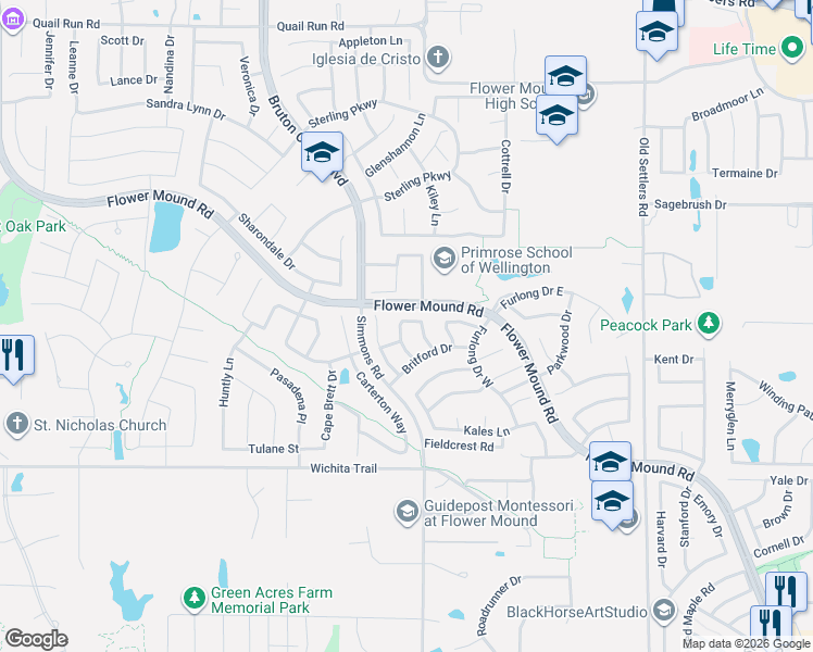 map of restaurants, bars, coffee shops, grocery stores, and more near 3212 Paddock Circle in Flower Mound