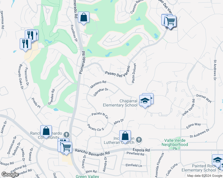 map of restaurants, bars, coffee shops, grocery stores, and more near 12768 Gibraltar Drive in San Diego