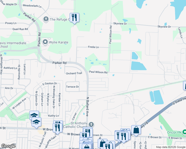 map of restaurants, bars, coffee shops, grocery stores, and more near 115 Fairmount Drive in Wylie