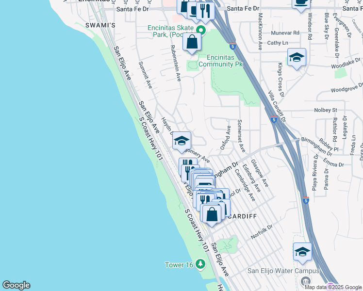 map of restaurants, bars, coffee shops, grocery stores, and more near 1841 Montgomery Avenue in Encinitas