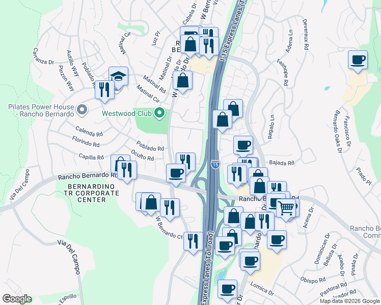 map of restaurants, bars, coffee shops, grocery stores, and more near 17093 West Bernardo Drive in San Diego