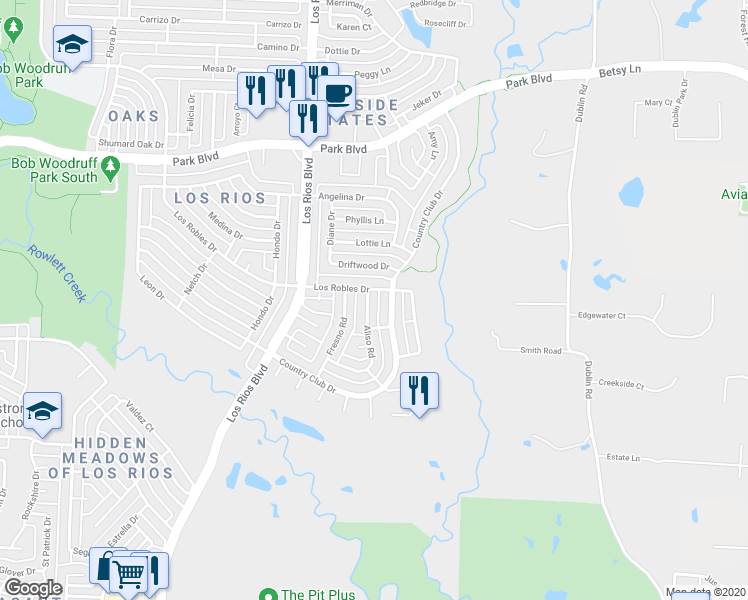 map of restaurants, bars, coffee shops, grocery stores, and more near 2016 Aliso Road in Plano
