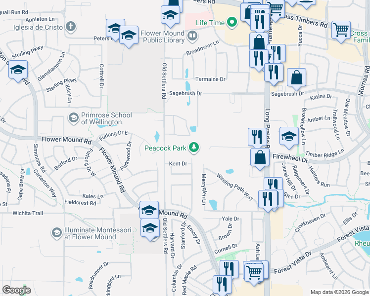map of restaurants, bars, coffee shops, grocery stores, and more near 3000 Old Settlers Road in Flower Mound