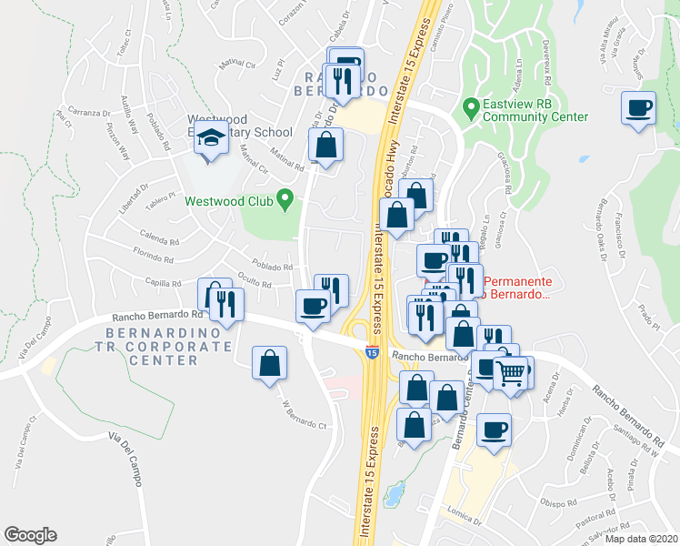 map of restaurants, bars, coffee shops, grocery stores, and more near 17093 West Bernardo Drive in San Diego