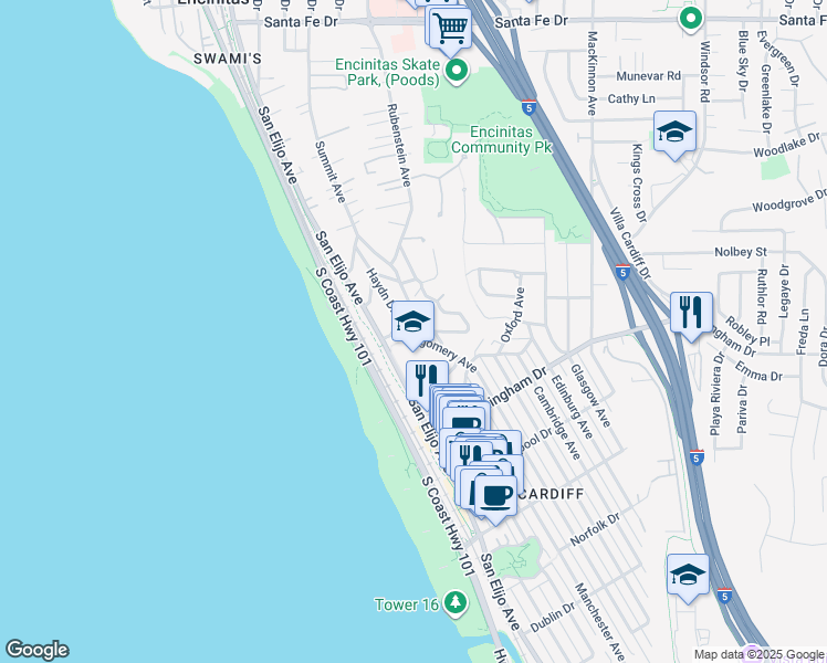 map of restaurants, bars, coffee shops, grocery stores, and more near 1888 Montgomery Avenue in Encinitas