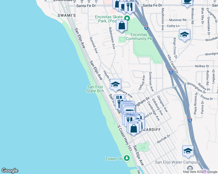 map of restaurants, bars, coffee shops, grocery stores, and more near 1809 Montgomery Avenue in Encinitas