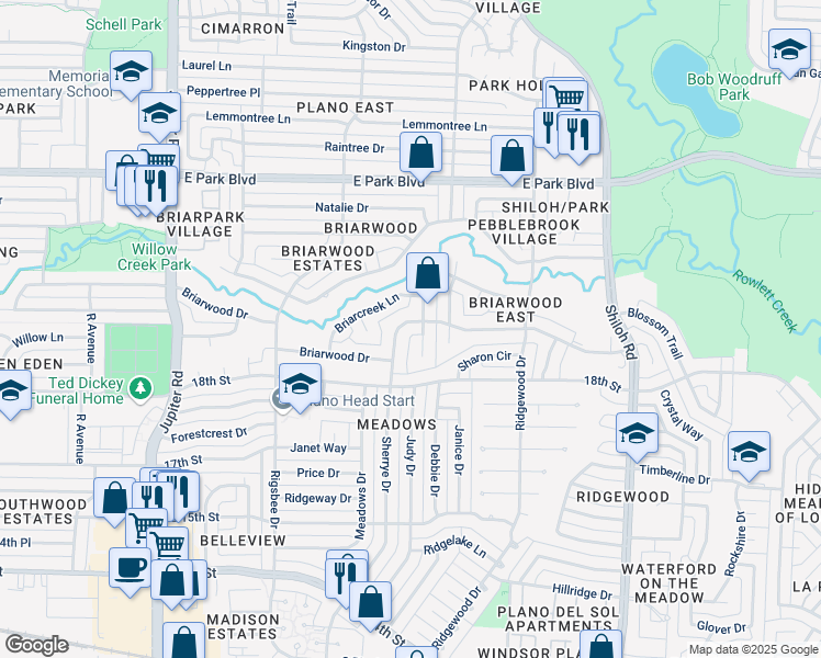 map of restaurants, bars, coffee shops, grocery stores, and more near 1912 Greenbriar Court in Plano