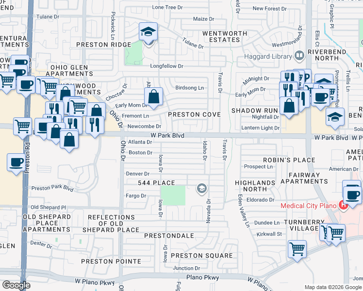 map of restaurants, bars, coffee shops, grocery stores, and more near 4436 Boston Drive in Plano