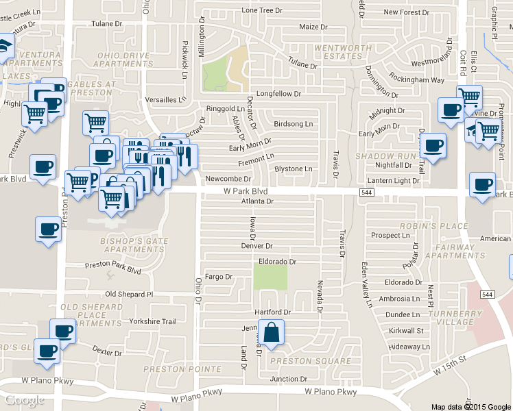 map of restaurants, bars, coffee shops, grocery stores, and more near 4460 Boston Drive in Plano