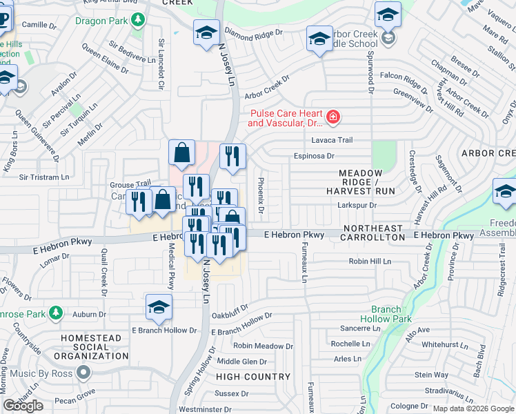 map of restaurants, bars, coffee shops, grocery stores, and more near 4206 Lavaca Trail in Carrollton