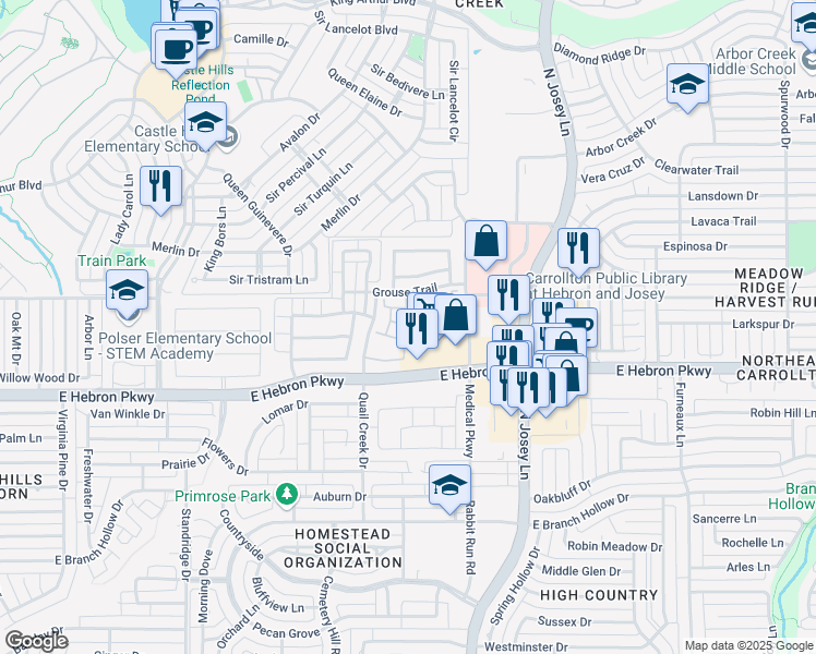 map of restaurants, bars, coffee shops, grocery stores, and more near 1745 East Hebron Parkway in Carrollton
