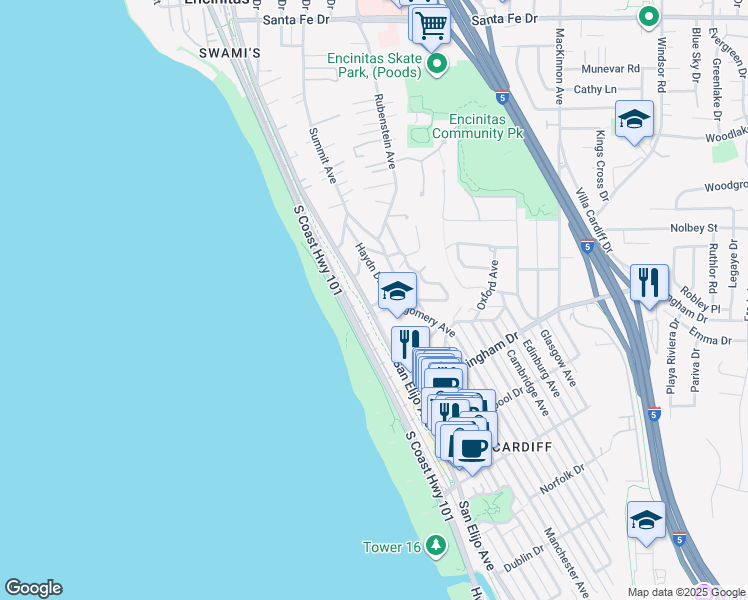 map of restaurants, bars, coffee shops, grocery stores, and more near 1809 Montgomery Avenue in Encinitas
