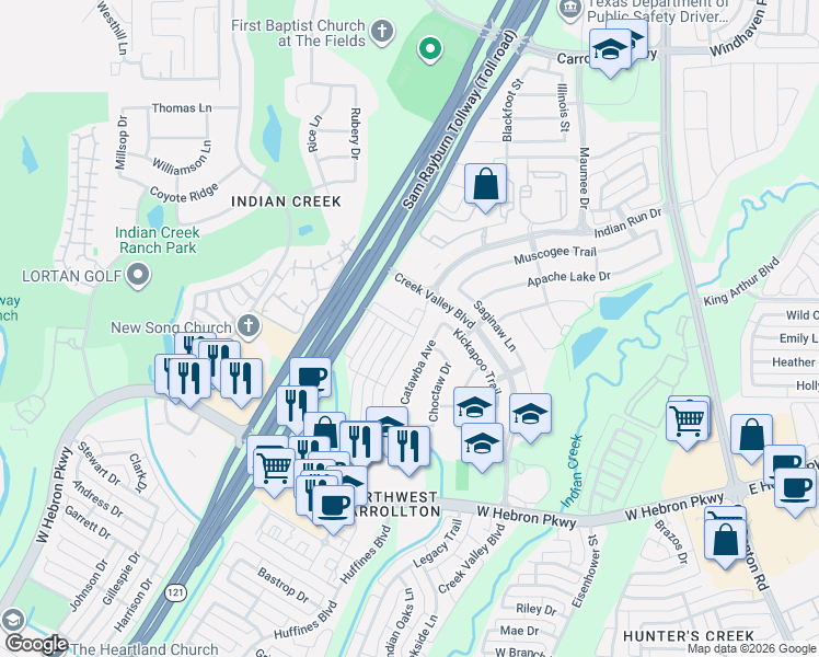map of restaurants, bars, coffee shops, grocery stores, and more near 4269 Indian Run Drive in Carrollton