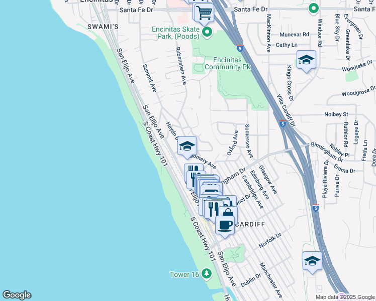 map of restaurants, bars, coffee shops, grocery stores, and more near 1841 Montgomery Avenue in Encinitas