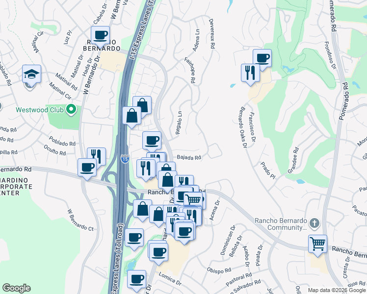 map of restaurants, bars, coffee shops, grocery stores, and more near 11940 Adorno Place in San Diego
