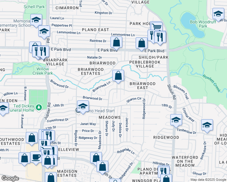 map of restaurants, bars, coffee shops, grocery stores, and more near 1912 Greenbriar Court in Plano
