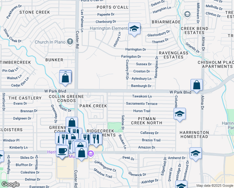 map of restaurants, bars, coffee shops, grocery stores, and more near 1801 Sacramento Terrace in Plano