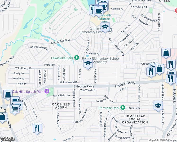 map of restaurants, bars, coffee shops, grocery stores, and more near 1520 Polser Road in Carrollton