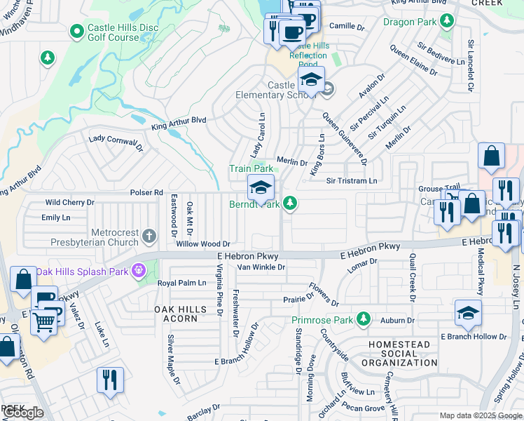 map of restaurants, bars, coffee shops, grocery stores, and more near 1520 Polser Road in Carrollton