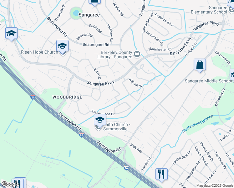 map of restaurants, bars, coffee shops, grocery stores, and more near 135 Blackwalnut Drive in Summerville