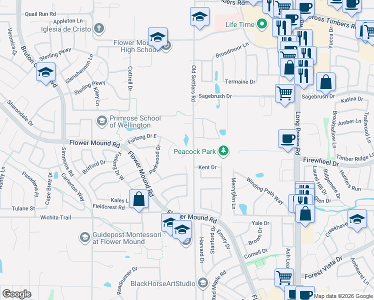 map of restaurants, bars, coffee shops, grocery stores, and more near 3304 Furlong Court in Flower Mound