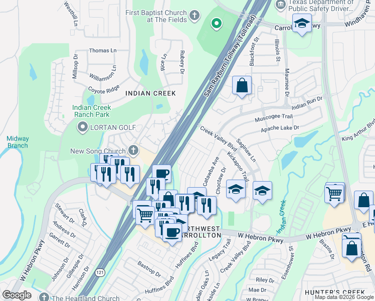 map of restaurants, bars, coffee shops, grocery stores, and more near 4249 Comanche Drive in Carrollton
