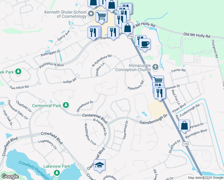 map of restaurants, bars, coffee shops, grocery stores, and more near 107 Lindenwood Court in Goose Creek