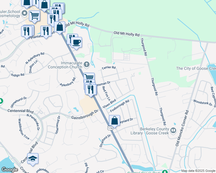 map of restaurants, bars, coffee shops, grocery stores, and more near 312 Red Fox Lane in Goose Creek