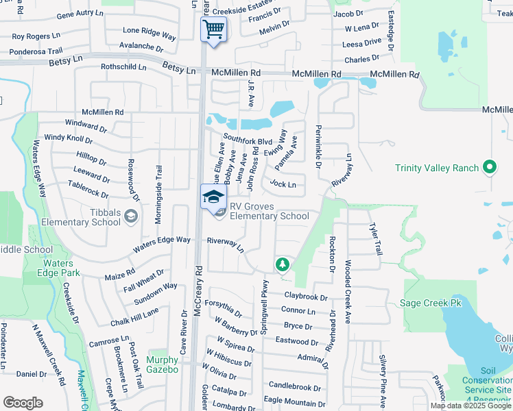 map of restaurants, bars, coffee shops, grocery stores, and more near 1102 Meandering Drive in Wylie