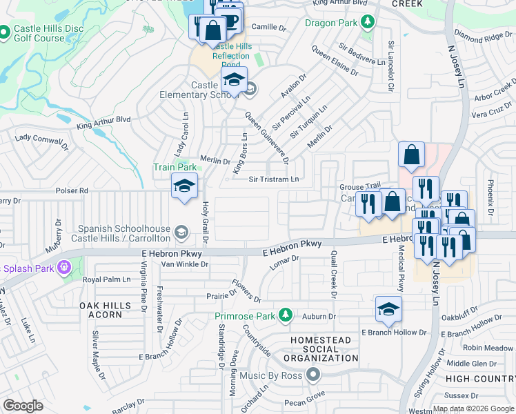 map of restaurants, bars, coffee shops, grocery stores, and more near 2533 Hunters Boulevard in Lewisville