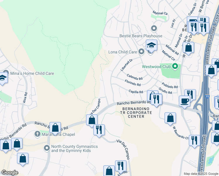 map of restaurants, bars, coffee shops, grocery stores, and more near 17078 Matinal Road in San Diego